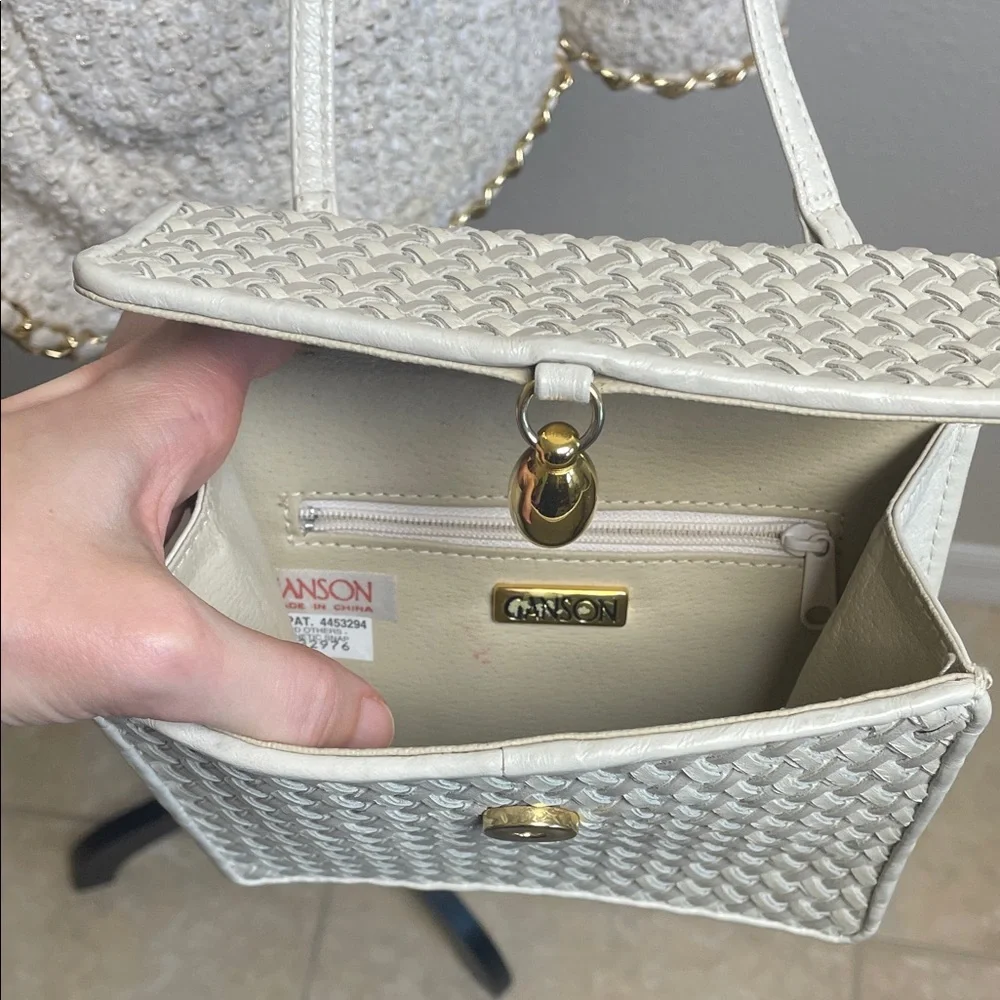 Genuine Leather Beige Silver Cream Woven Crossbody Bag with Gold Accent